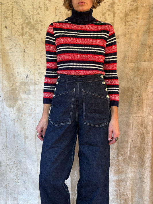 Vintage 70s Red White And Blue Space Dyed Knit Turtleneck