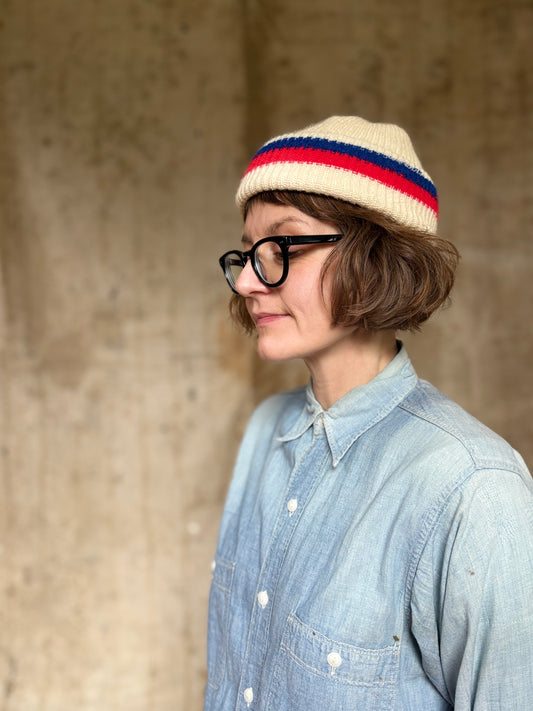 80s Ecru With Blue And Red Stripe Beanie