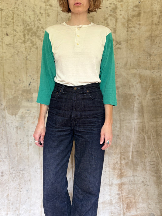 80s White And Green Baseball Henley Tee