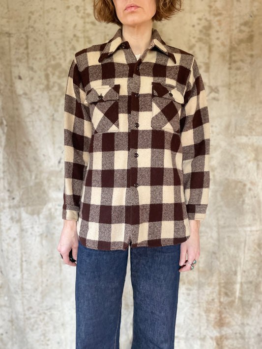 50s Brown Buffalo Plaid Shirt Jacket
