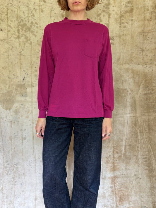 80s Lands End Blank Fuchsia Long Sleeve Pocket Tee