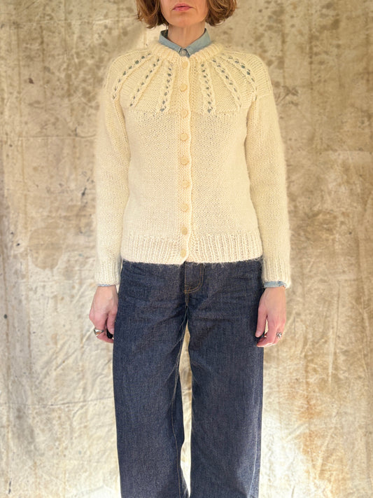 80s Hand Knit Ecru Cardigan Sweater