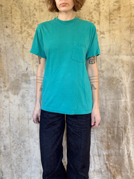 80s Hanes Blank Teal Pocket tee