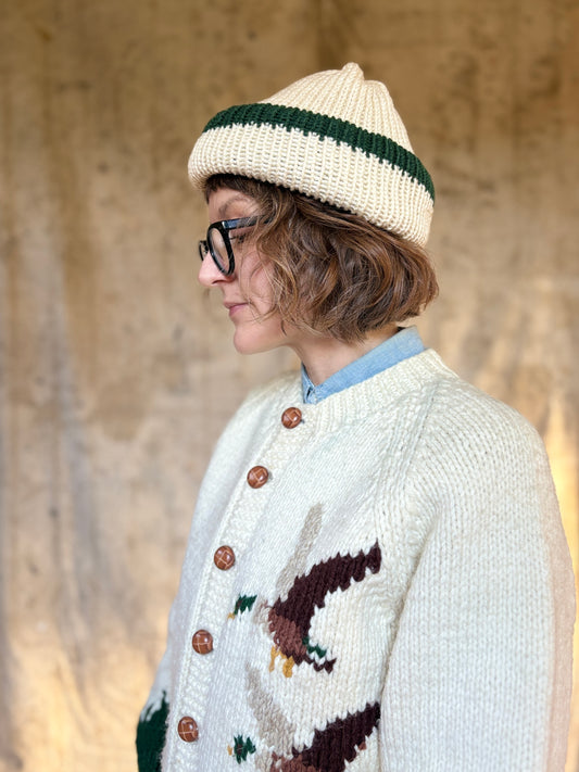 Hand Knit Ecru And Evergreen Beanie