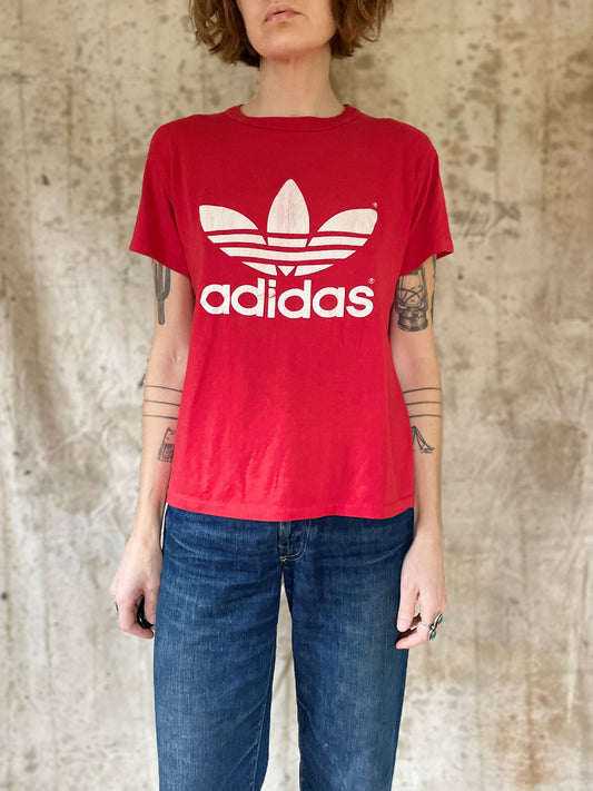 80s Adidas Trefoil Logo Red And White Tee