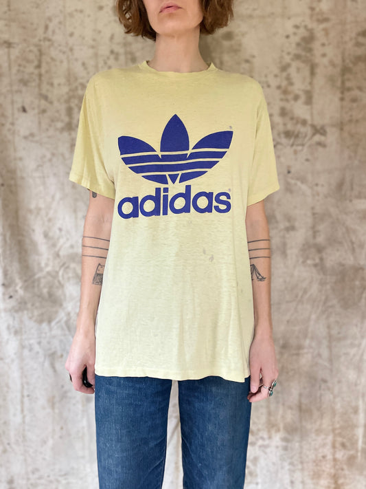 80s Adidas Trefoil Logo Purple And Yellow Tee