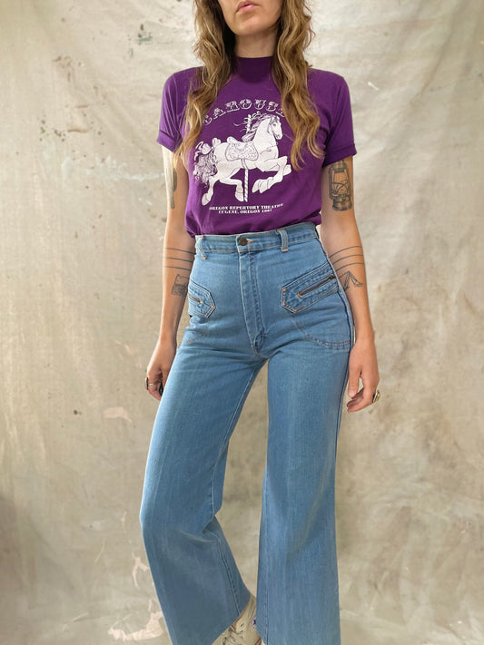 70s Embroidered Pocket Bell Bottom Jeans