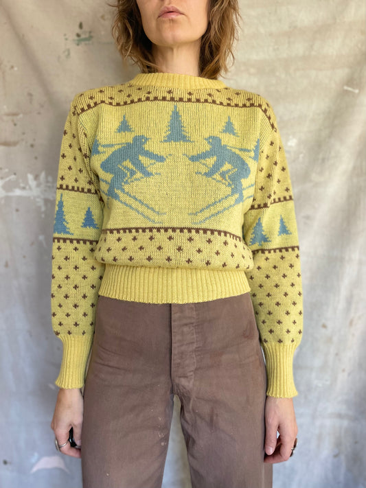 40s/50s Skiers Holiday Sweater Yellow