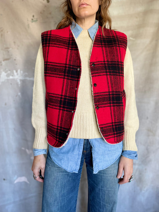 80s Red And Black Plaid Faux Shearling Lined Vest