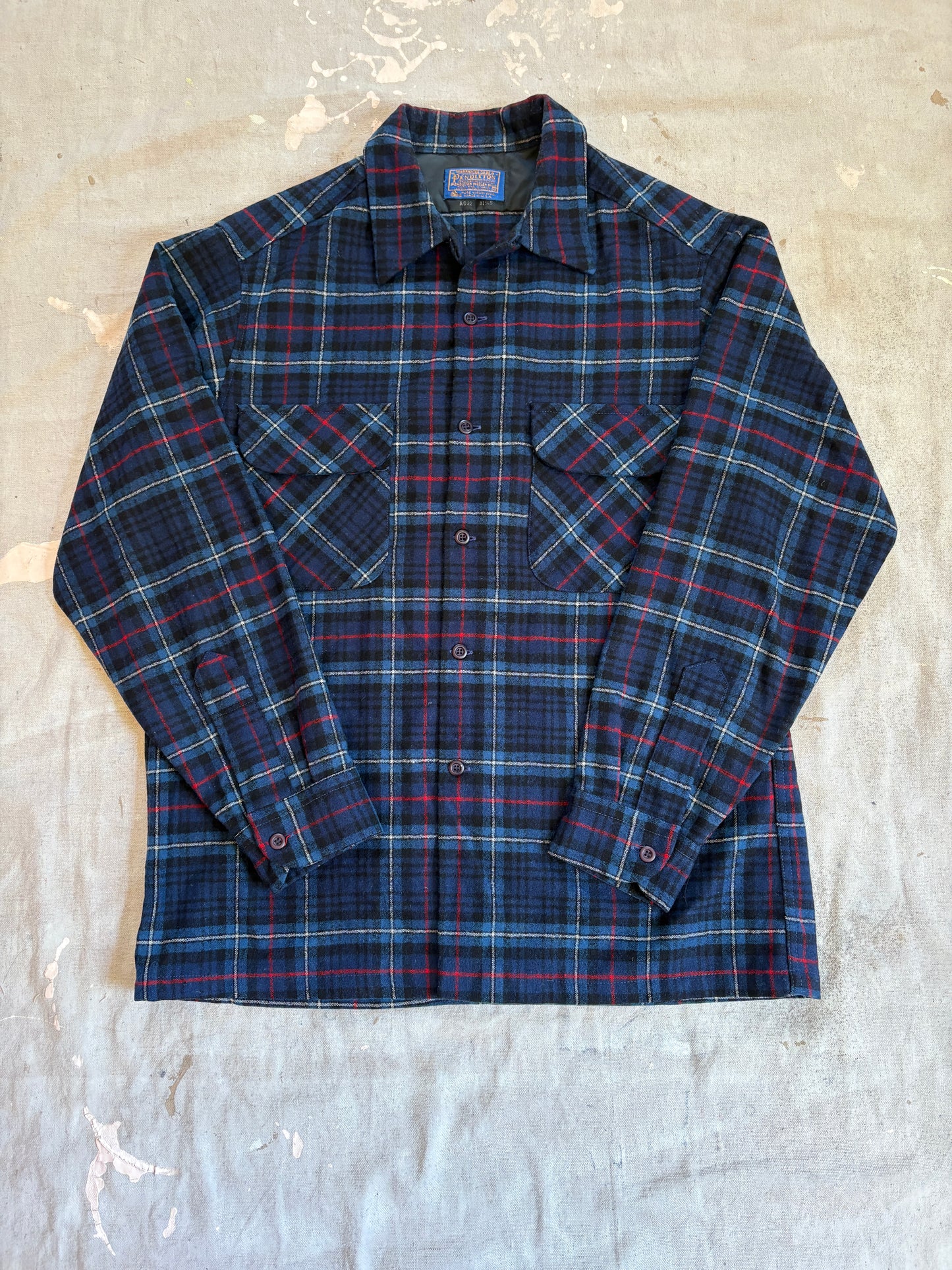 70s Blue, Red, Black Plaid Loop Collar Pendleton Wool Shirt