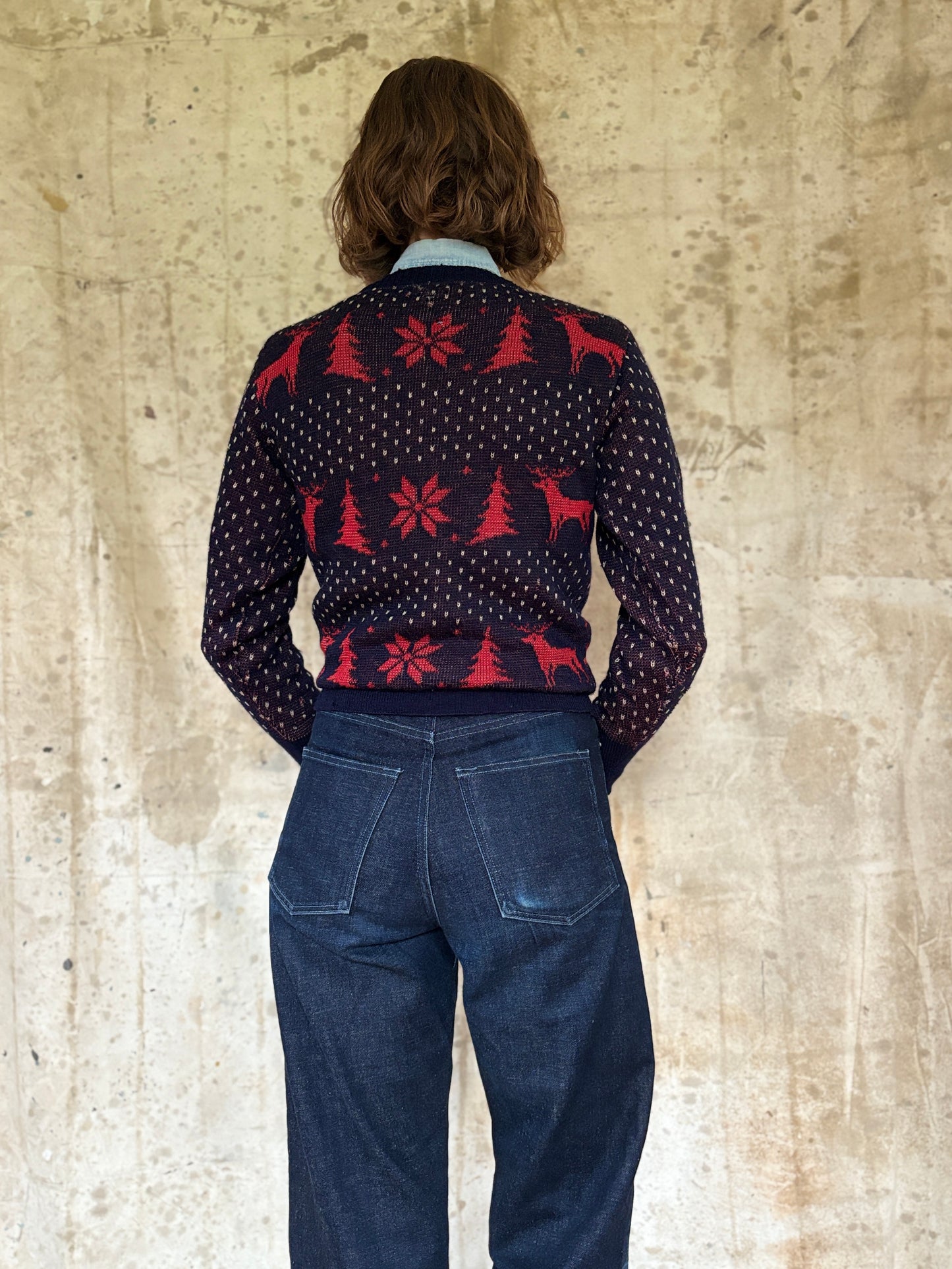Vintage 50s Thrashed Tree And Snowflake Holiday Sweater