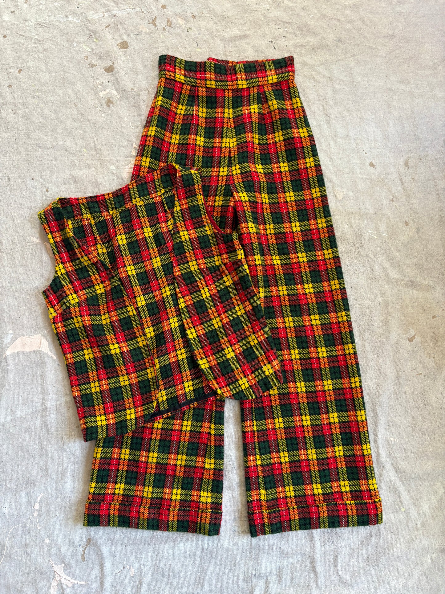 Vintage 70s/80s Handmade Plaid Vest Wide Leg Pants Set