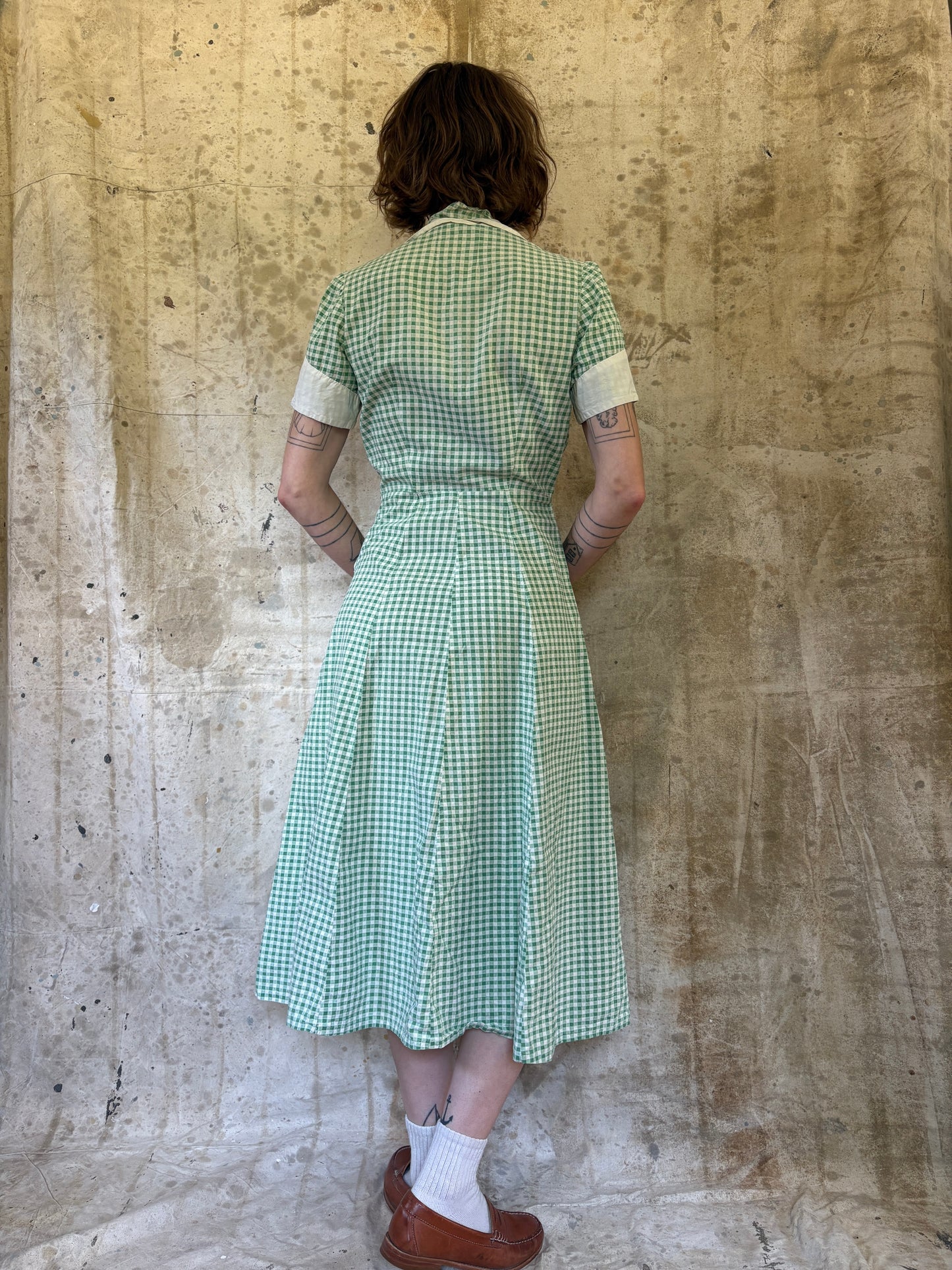 Vintage 40s Green Gingham Dress