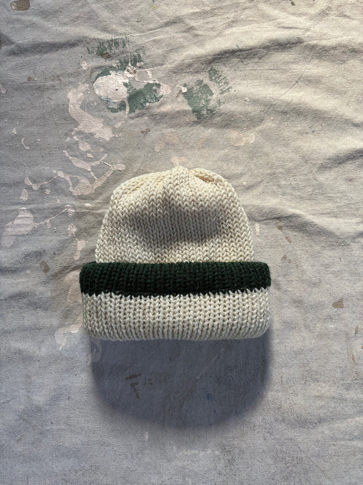 Hand Knit Ecru And Evergreen Beanie