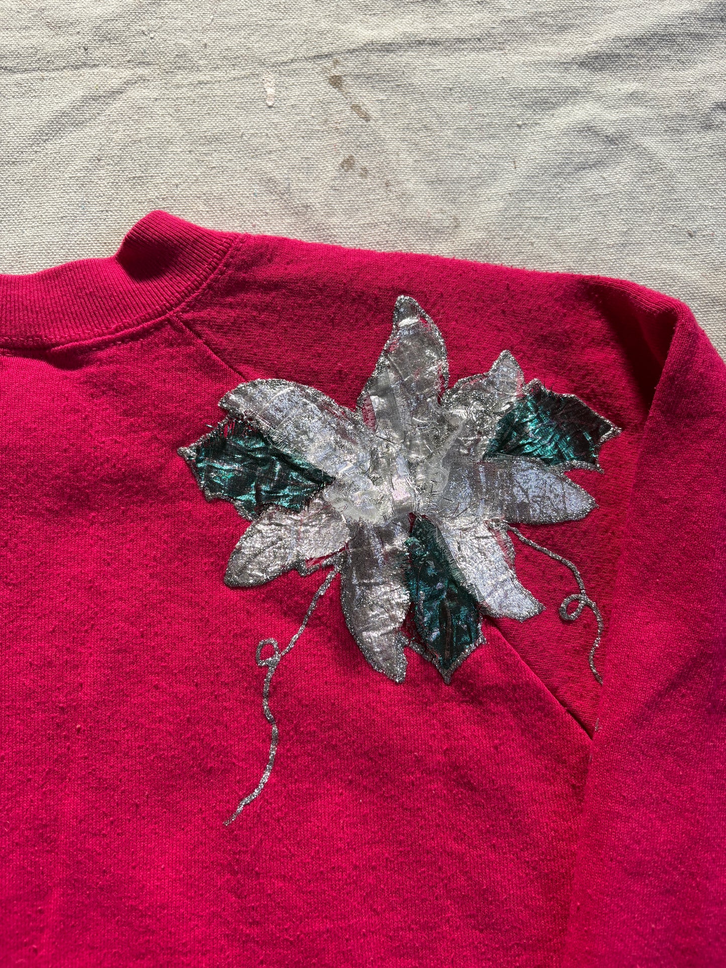 Vintage 80s Handmade Silver Poinsettia “Ugly Christmas” Sweatshirt