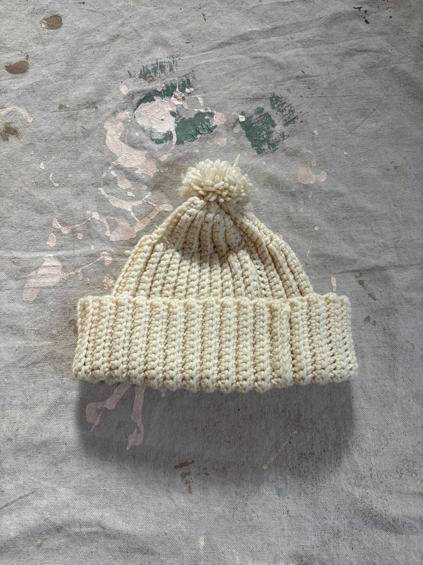 80s Hand Knit Pom Pom Ecru Beanie