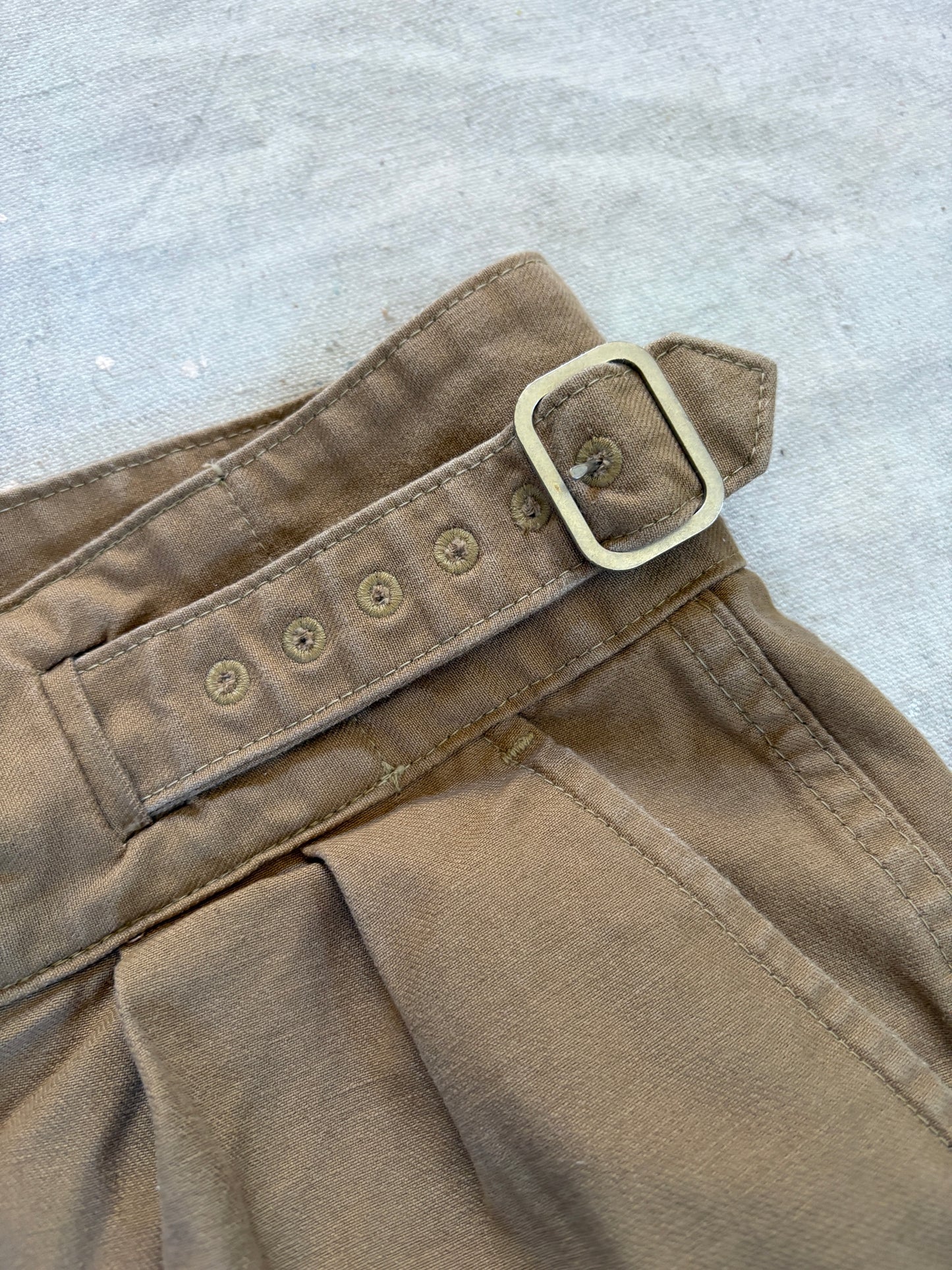 Vintage 40s Belted Waist Khaki Military Drill Shorts