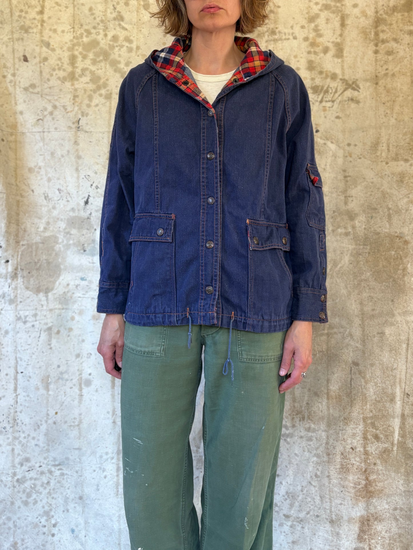 Vintage 80s Plaid Detail Jean Coat