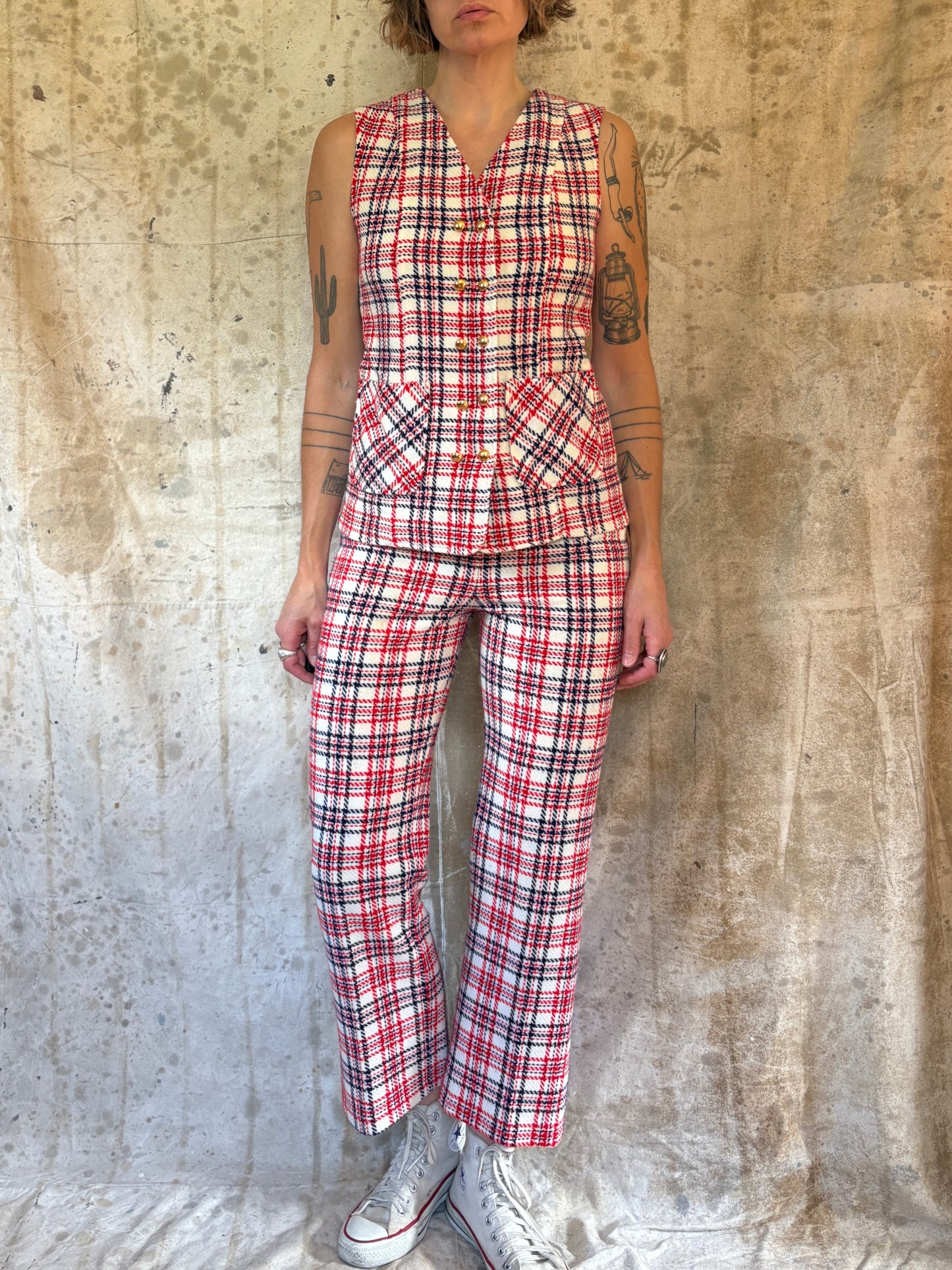 Vintage 70s/80s Red White Blue Plaid Vest Wide Leg Pants Set