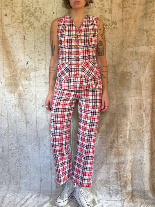 Vintage 70s/80s Red White Blue Plaid Vest Wide Leg Pants Set