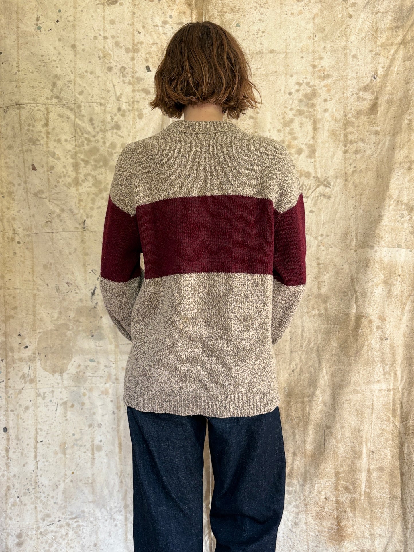 80s REI Oatmeal And Maroon Sweater