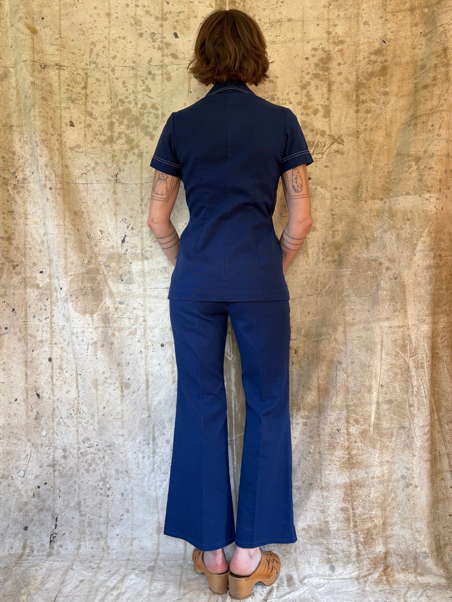 Vintage 70s/80s Navy Blue Blouse And Bell Bottom Pant Set