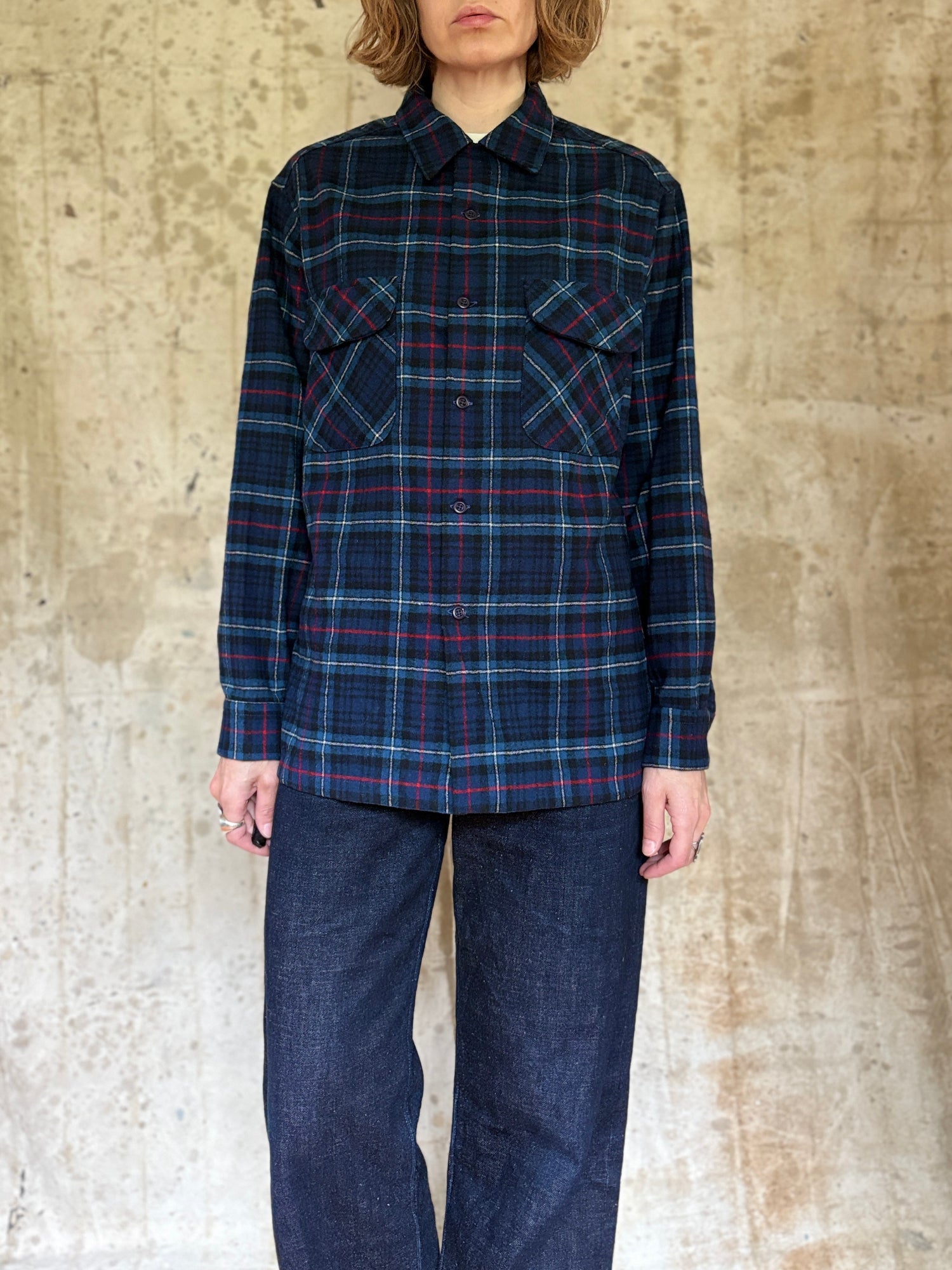 70s Blue, Red, Black Plaid Loop Collar Pendleton Wool Shirt