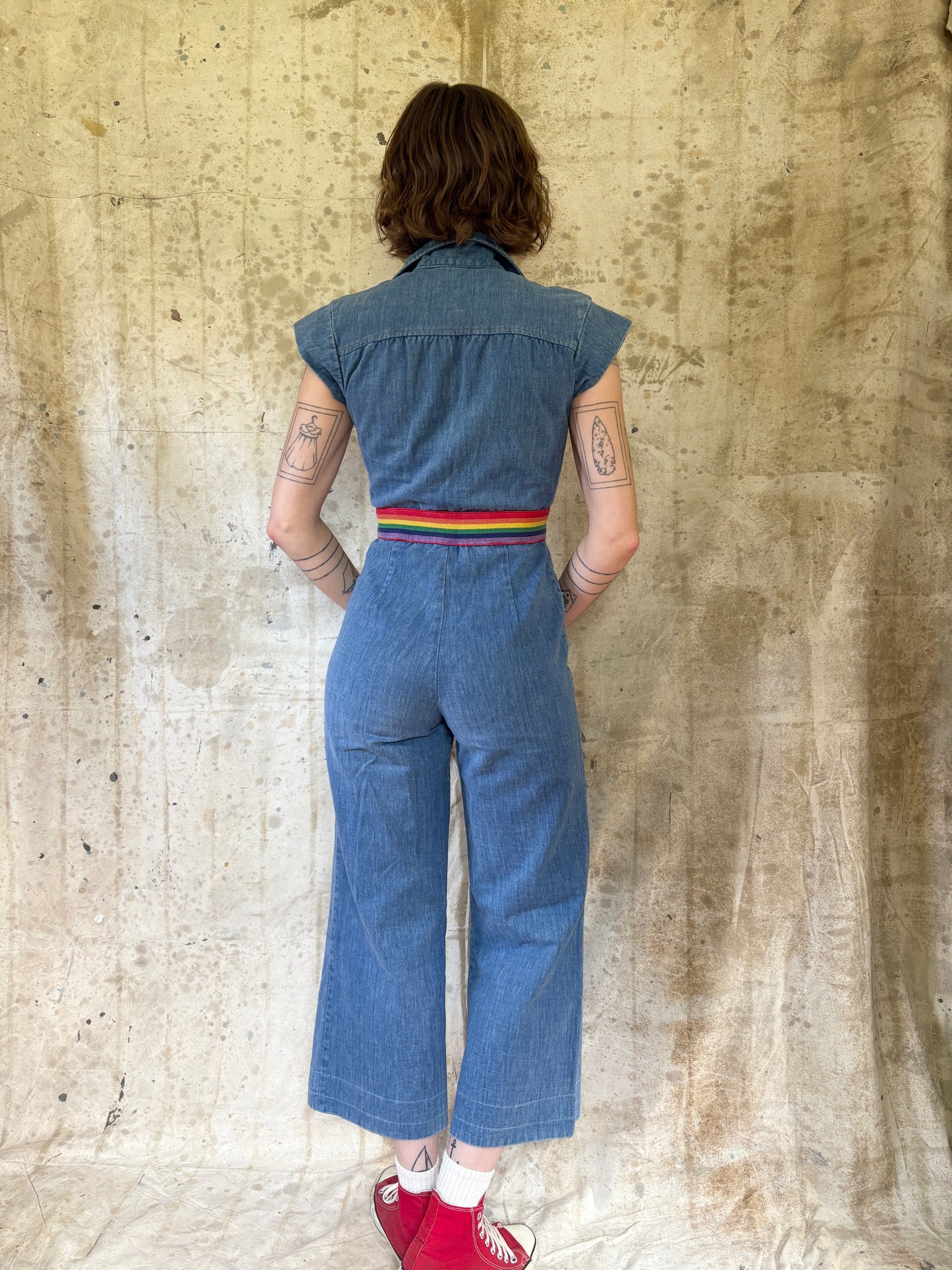 Vintage 70s Denim Jumpsuit Rainbow Detail