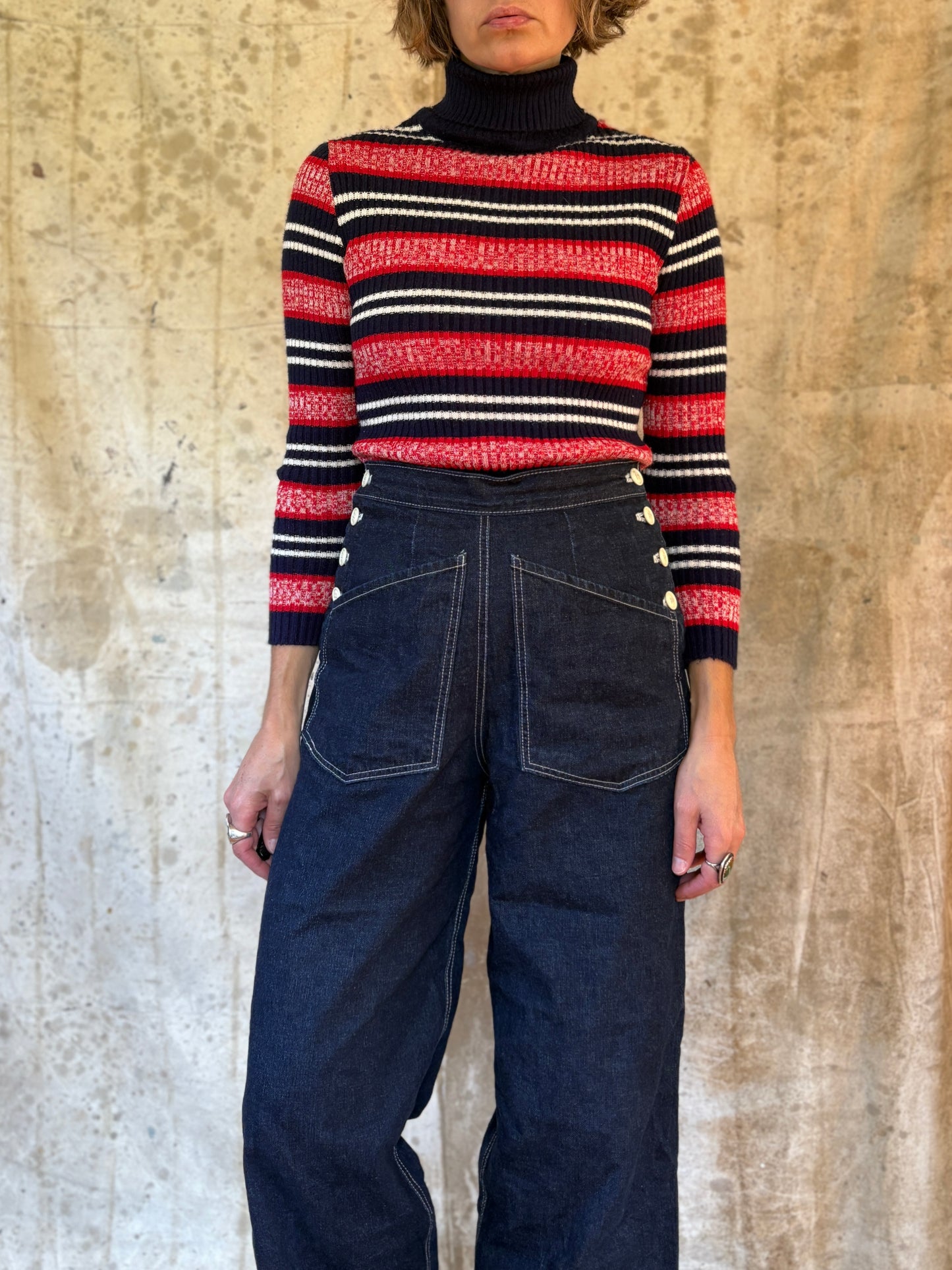 Vintage 70s Red White And Blue Space Dyed Knit Turtleneck
