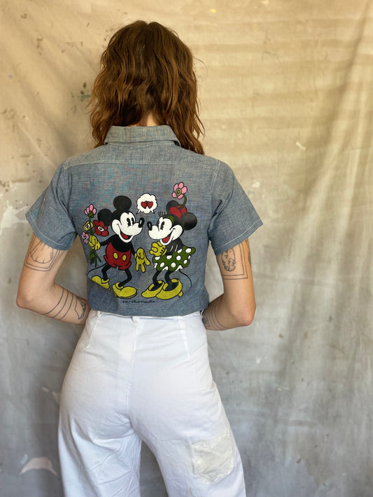 70s Deadstock Mickey Mouse And Minnie Mouse Chambray Shirt