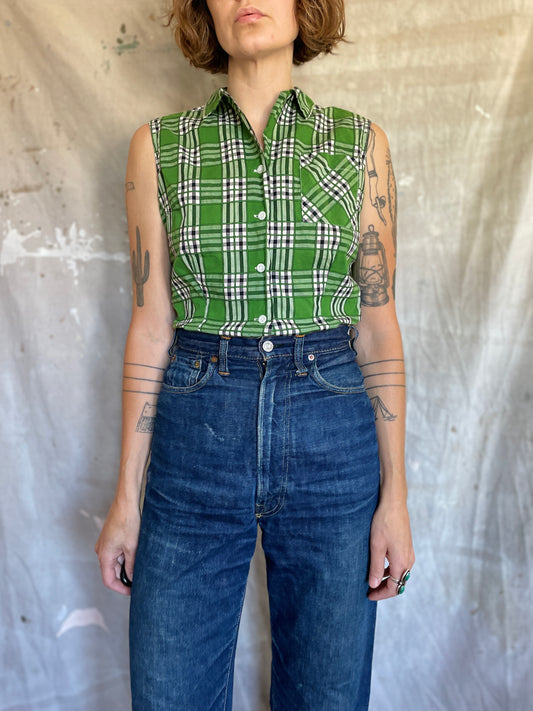 50s Plaid Button Down Sleeveless Shirt