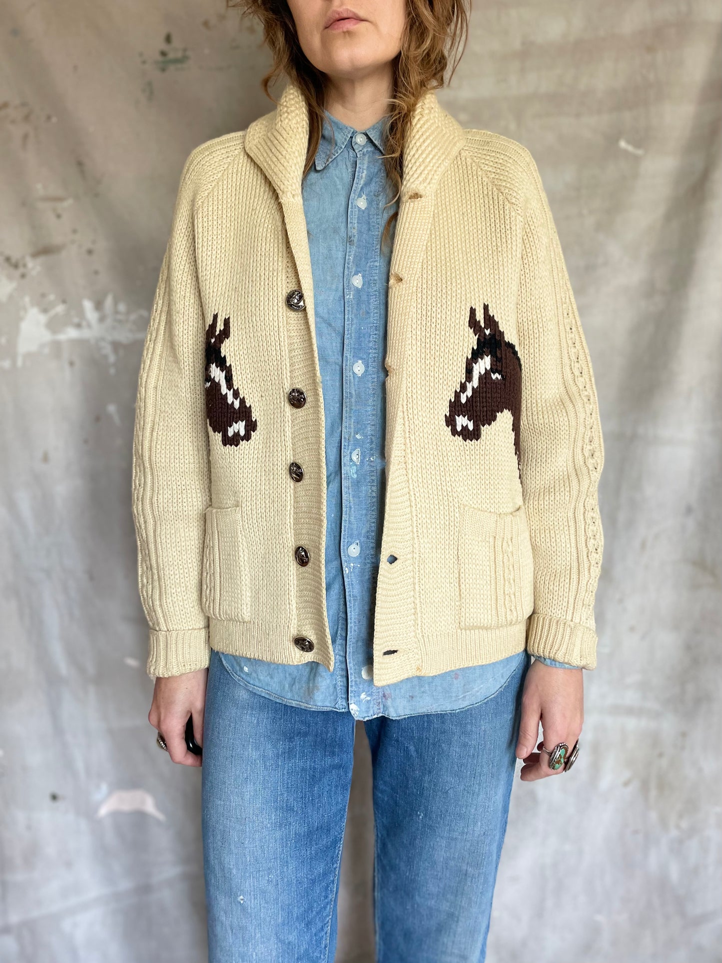 70s Shawl Collar Horse Sweater