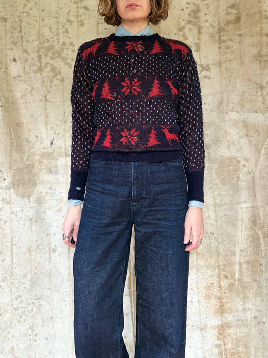 Vintage 50s Thrashed Tree And Snowflake Holiday Sweater