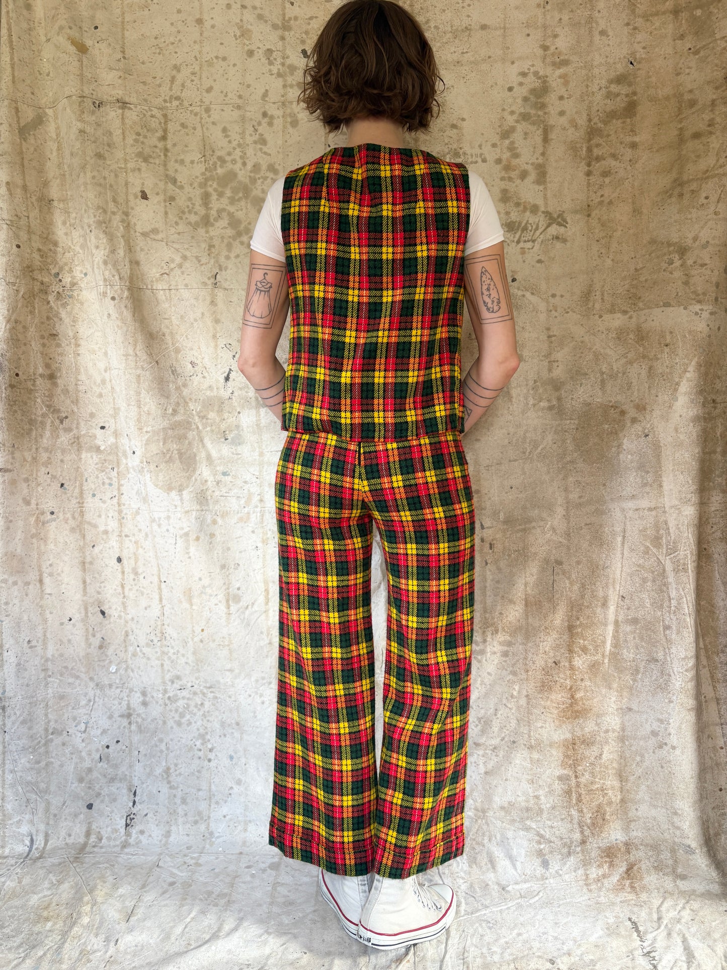 Vintage 70s/80s Handmade Plaid Vest Wide Leg Pants Set