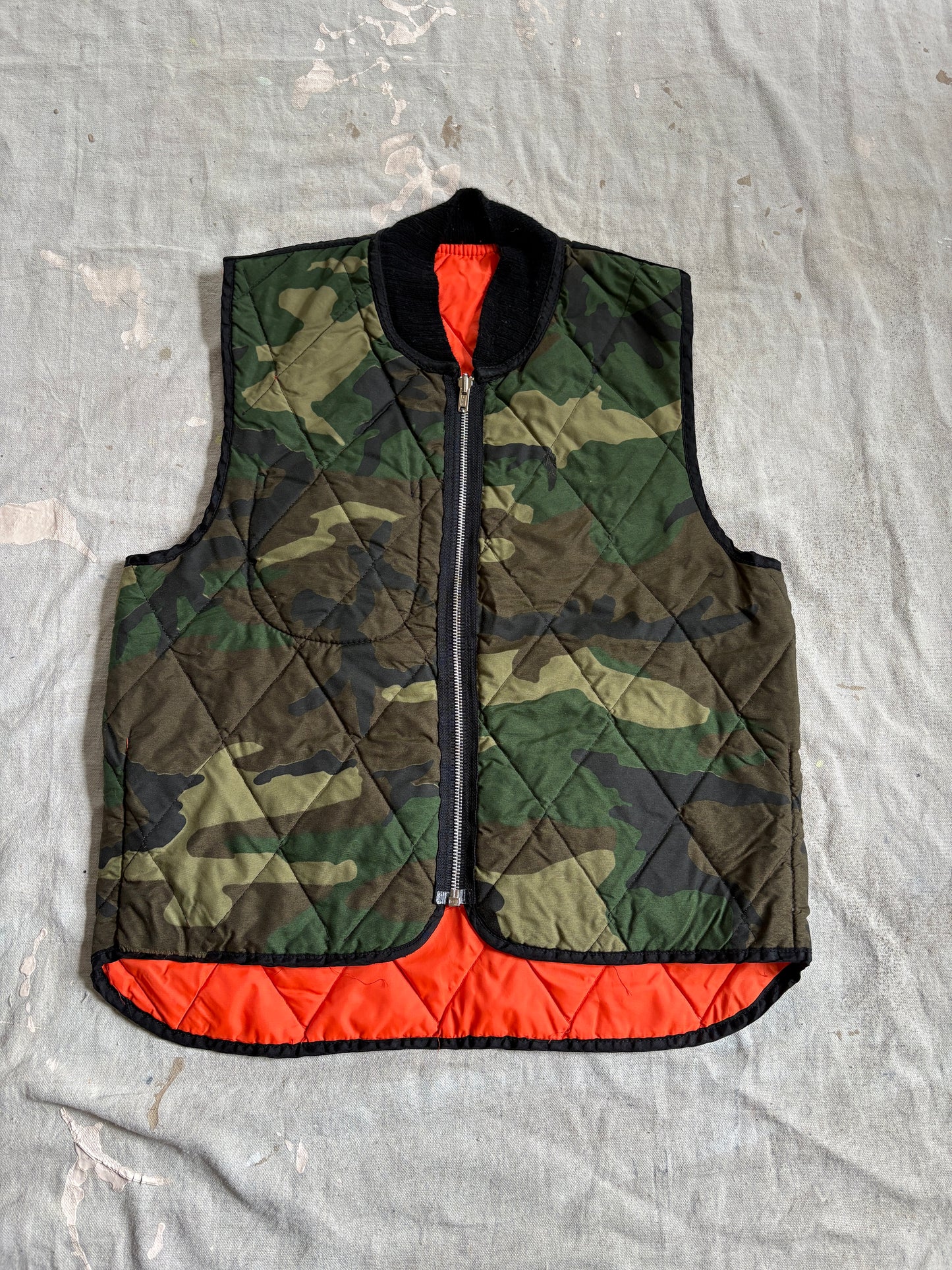 Vintage 80s Reversible Safety Orange Woodland Camo Hunting Vest