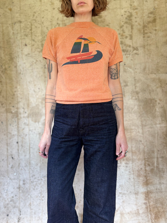 80s Sailboat Sunset Short Sleeve Sweatshirt