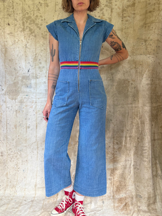 Vintage 70s Denim Jumpsuit Rainbow Detail