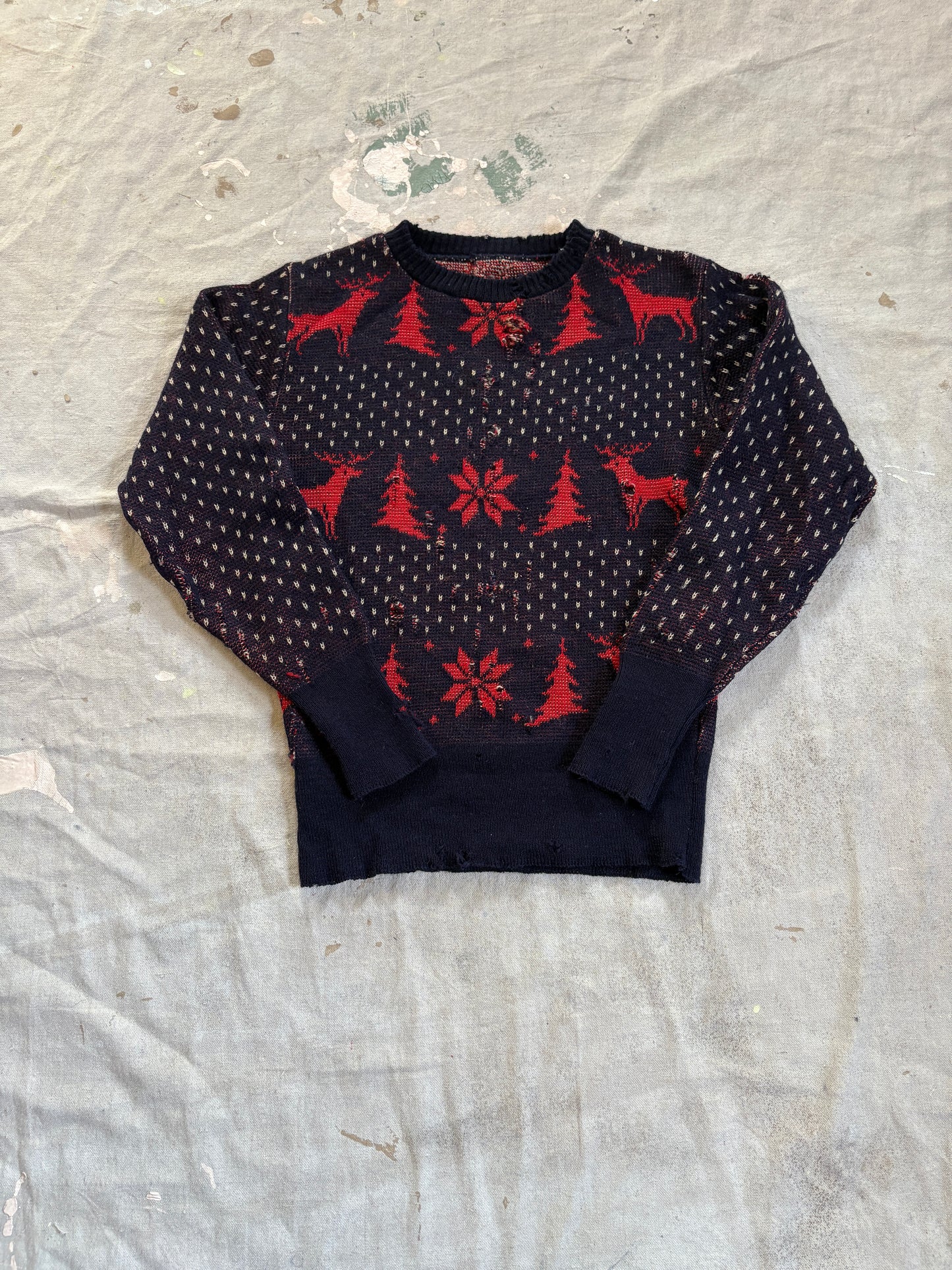 Vintage 50s Thrashed Tree And Snowflake Holiday Sweater