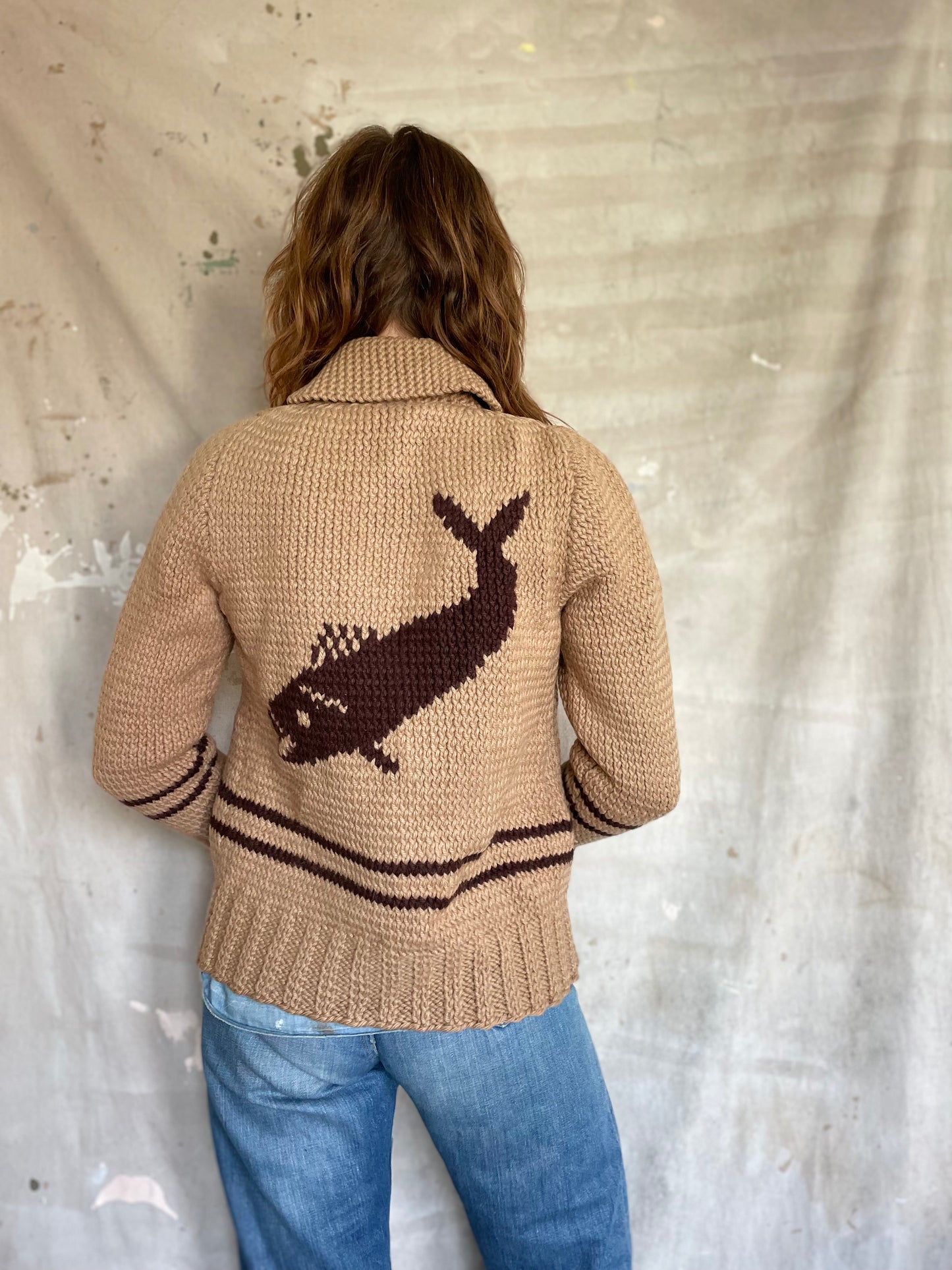 60s Handknit Shawl Collar Fish Sweater