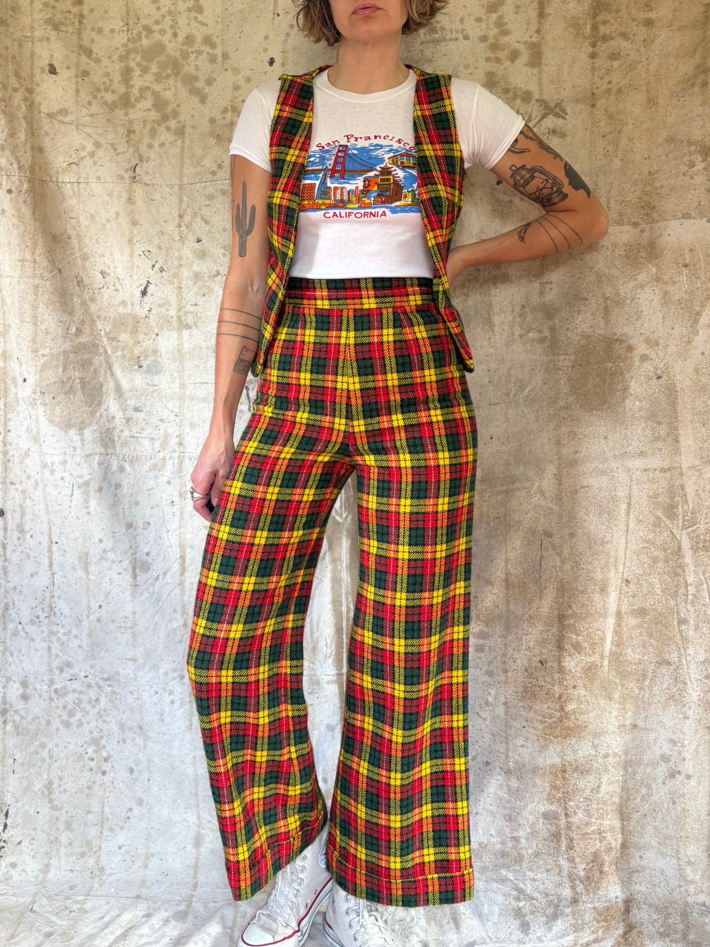 Vintage 70s/80s Handmade Plaid Vest Wide Leg Pants Set