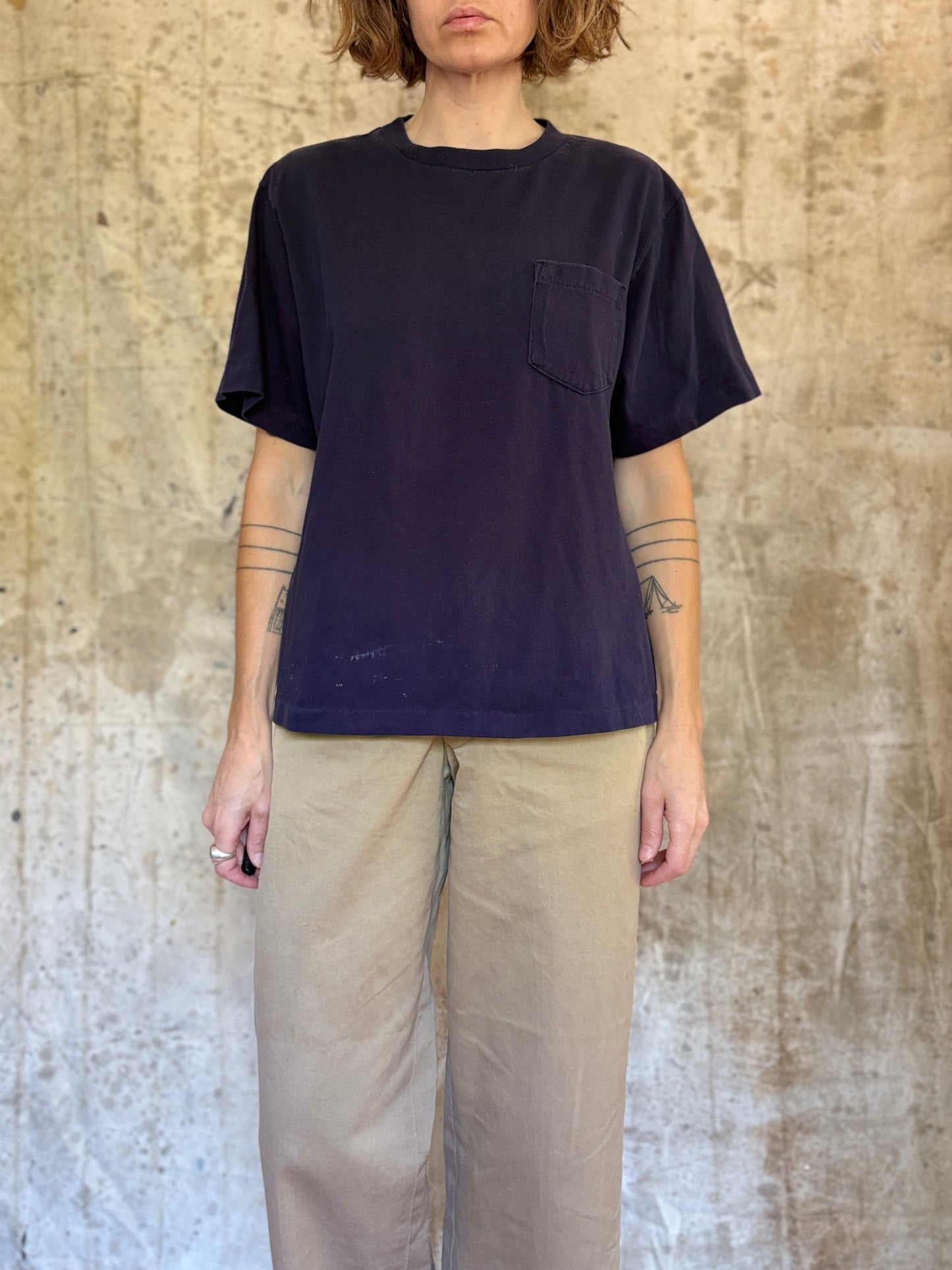 Vintage 90s Lands End Blank Navy Blue Pocket Tee