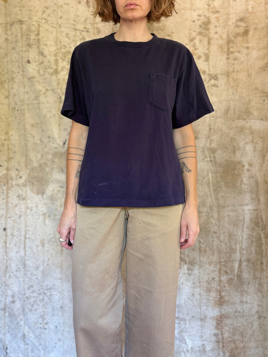 Vintage 90s Lands End Blank Navy Blue Pocket Tee
