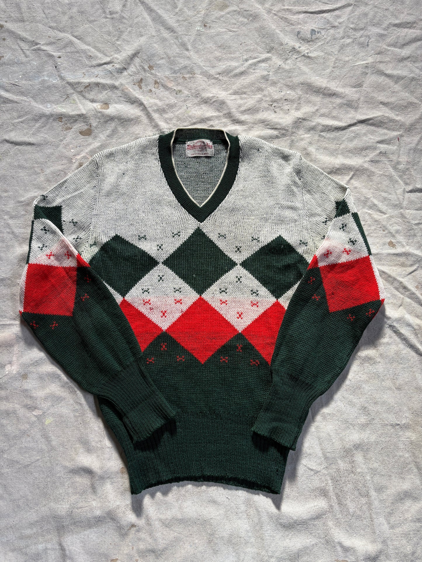 Vintage 50s Red, Green, White Diamond Holiday Sweater