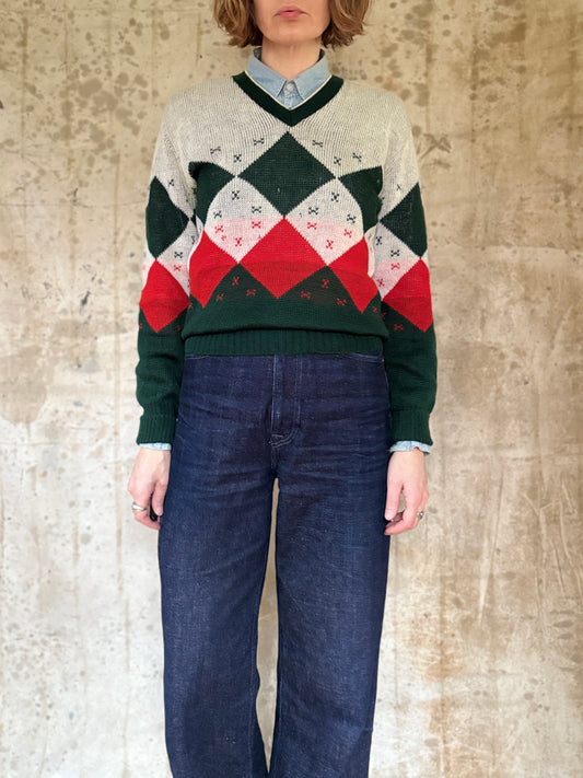 Vintage 50s Red, Green, White Diamond Holiday Sweater