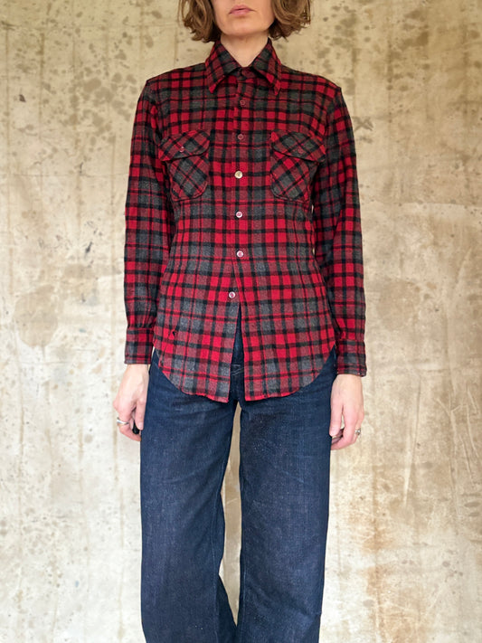 Vintage 80s Wool Blend Red, Black, Gray Plaid Button Down Shirt