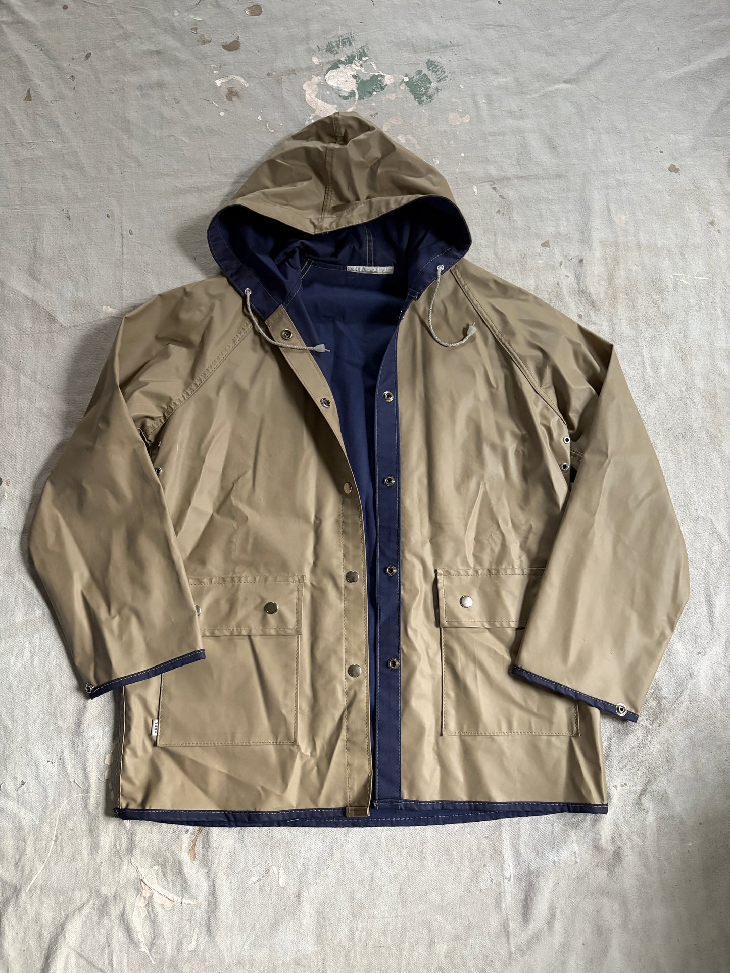 80s Tan Navy Blue Reversible Raincoat