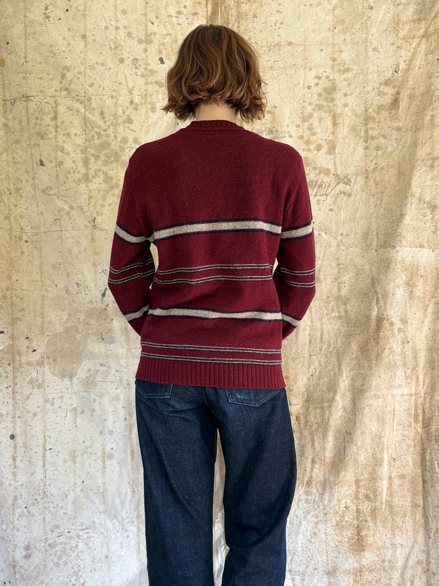 80s Maroon Gray Navy Striped Knit Sweater