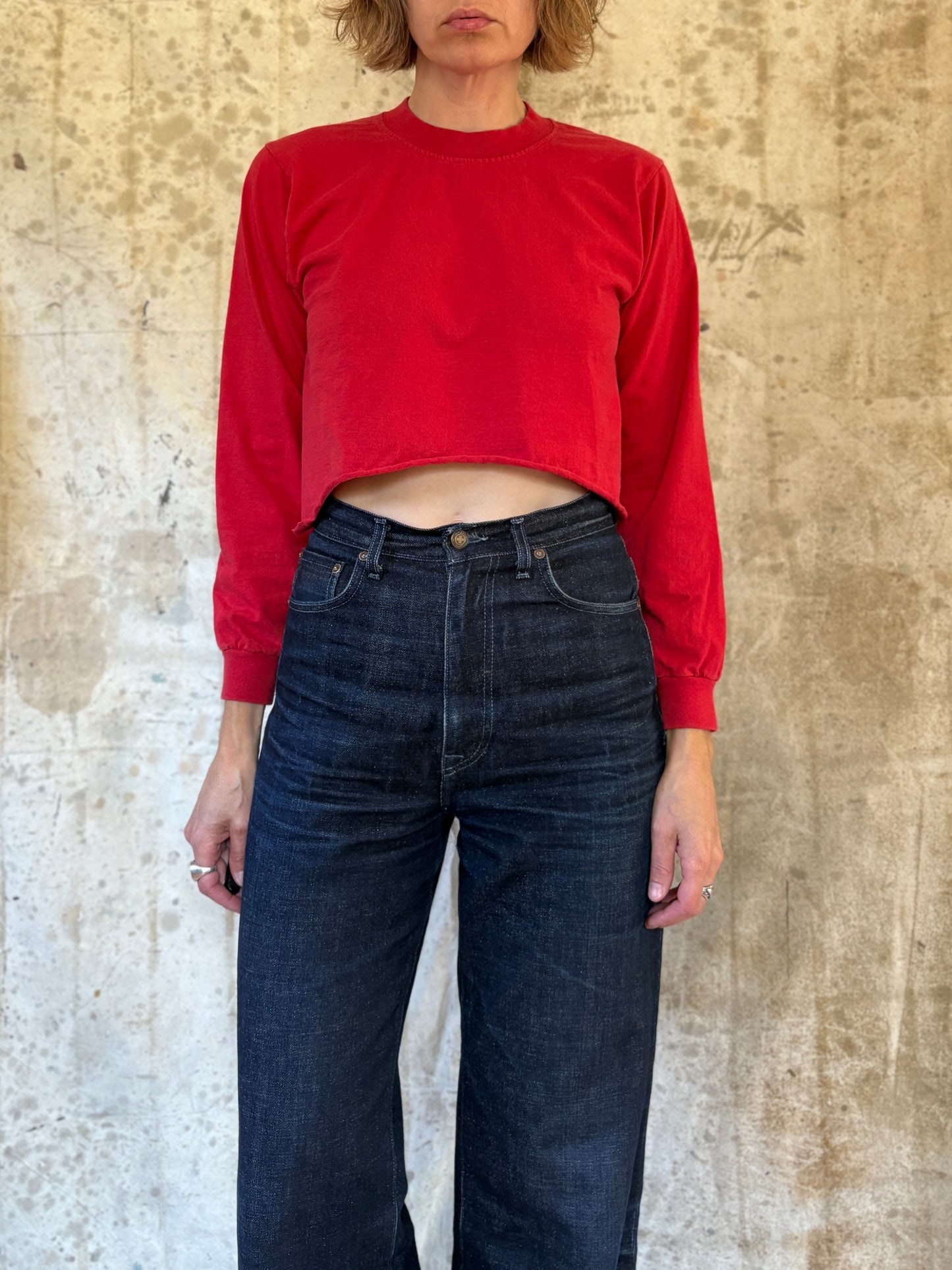 Vintage 90s Blank Red Cropped Long Sleeved Tee