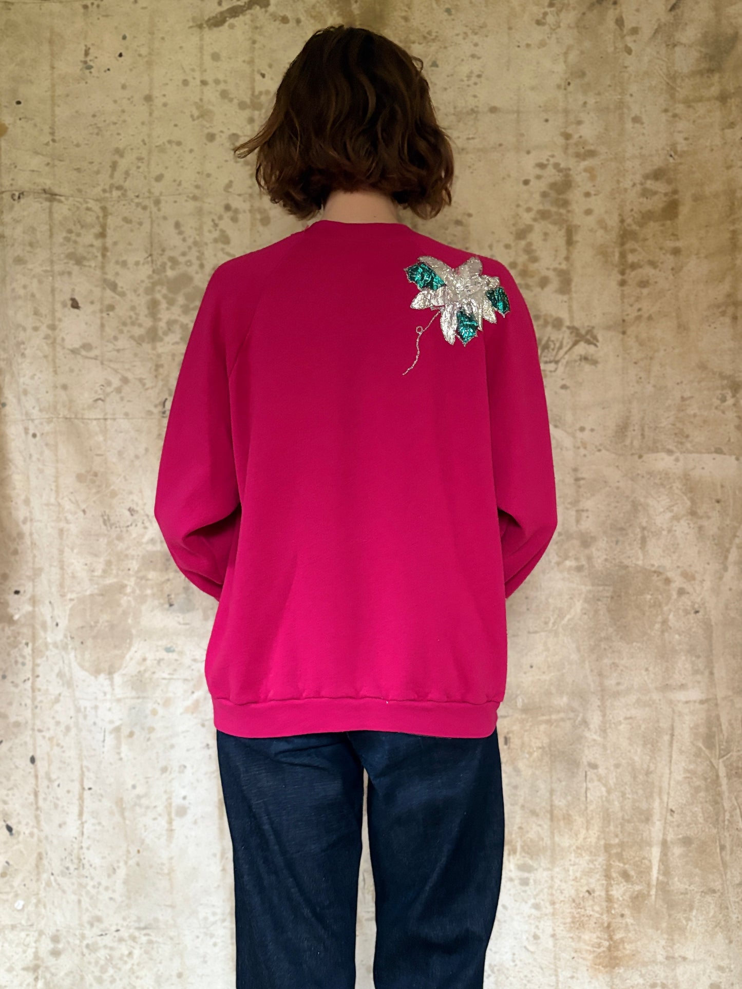 Vintage 80s Handmade Silver Poinsettia “Ugly Christmas” Sweatshirt