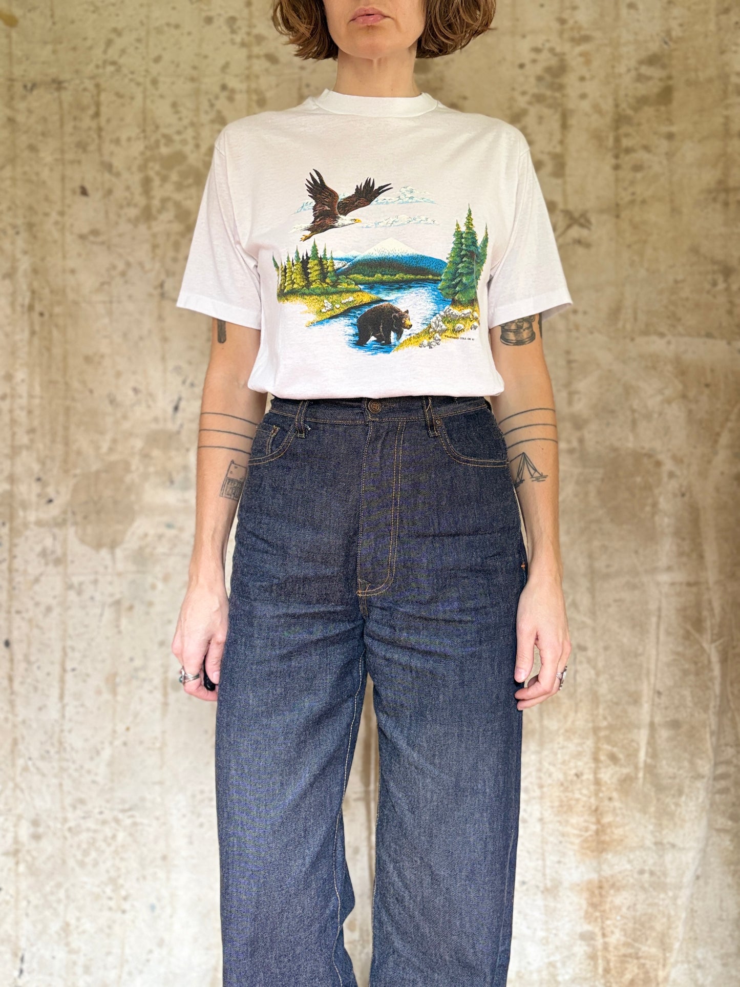 80s Bear And Eagle Mountain River Scene Nature Tee